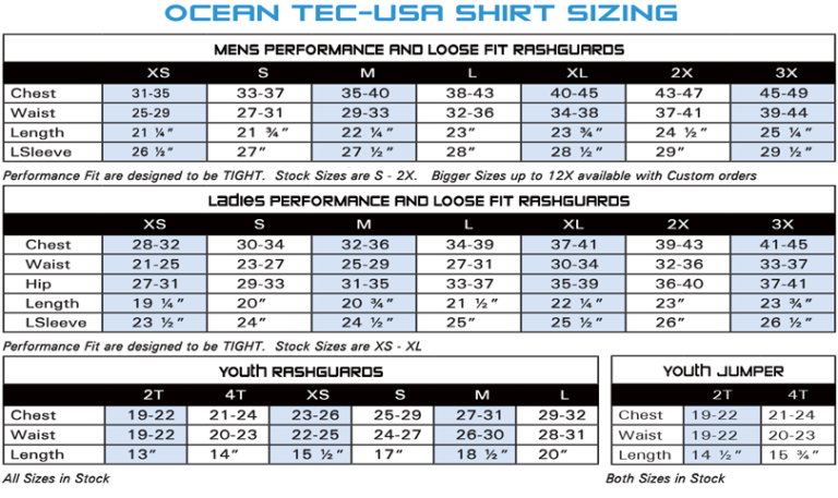 sizingtable – Ocean Tec | Wetsuits and Rashguards Made in the USA